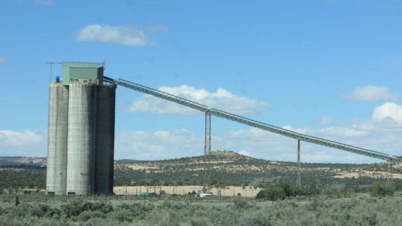 Unit train storage silos at Peabody Energy's abandoned Kayenta Mine. They are still standing, but the conveyor has been removed.