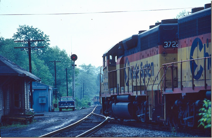 His caboose is still parked ahead of him. I’m not sure what move he made after this, as I departed the scene. He may have delivered the coal to the Harrison power plant on the Robinson Run Br. 05-23-1980.