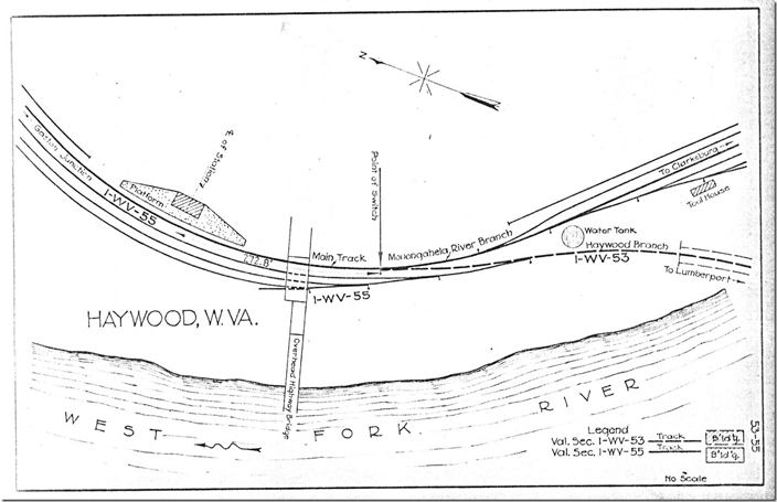 1921 B&O valuation map showing the truss bridge connection to Lumberport on the right. Haywood WV.