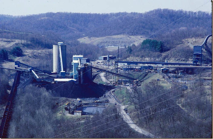 An active underground mine portal with some degree of rail haul is on the center right. A conveyor from another mine comes down the hill on upper right. A contemporary look at Google Earth reveals that underground mining has ceased, and the coal comes from a mine at Bingamon WV, about 5 miles to the northwest. The preparation plant is still in operation. Consol 95.