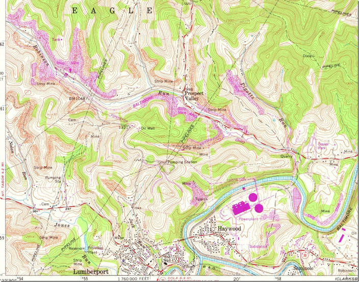USGS Shinston quad, 1:24,000 scale, 1960 photo revised 1977 showing the Robinson Run Branch in red along with the mine-plant conveyor belt and mine with loop track. Shinnston, WV, 1:24,000 quad, 1960, USGS.
