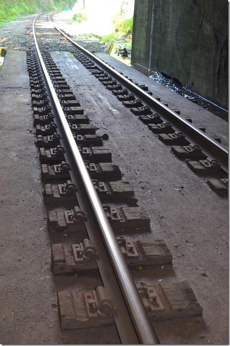 Note the concrete pad and ties. Close up. Buckingham Branch Blue Ridge Tunnel near Waynesboro. View 2.