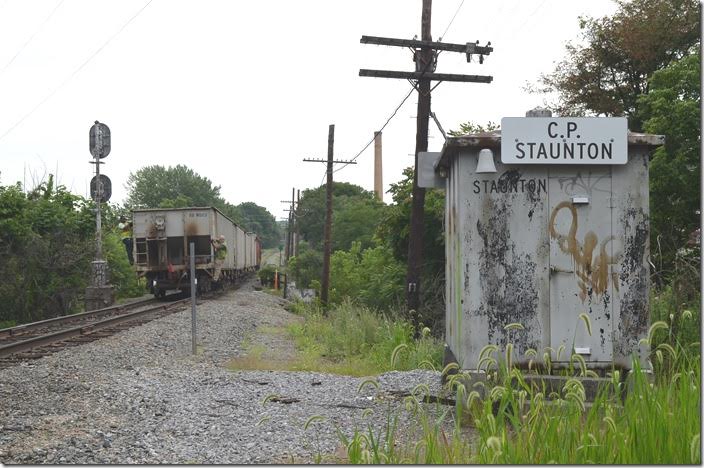 Buckingham Branch 7 came down the hill with ballast to spread in Staunton yard.