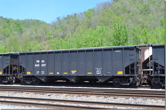 PMRX (Progress Metal Reclamation or Progress Metal Leasing) hopper 840097 at Shelby. 04-27-2014. FCA Roanoke 06-2009. 3744 cubic feet.