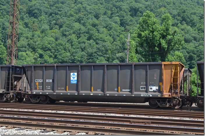 COGX gon 808, ACF “Coalveyor” built 01-1981. 200,000 load limit, 4240 cu ft. In scrap tie service at Shelby KY on 07-25-2015.