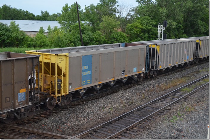CMO hopper 506020 (UP) on a westbound empty coal train on CSX’s Indianapolis Line SD at Marion OH, 06-18-2015. CMO was C&NW subsidiary Chicago, St. Paul, Minneapolis & Omaha Ry.