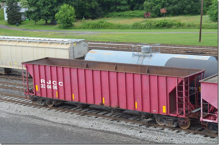 R. J. Corman Cleveland Line (RJCC) hopper 330406 is ex-Lake Erie, Franklin & Clarion 3965. Dover OH on 06-23-2018.