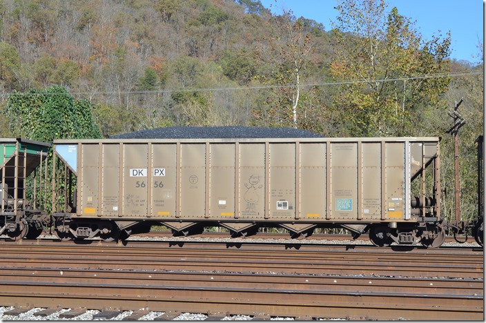 DKPX hopper 5656 belongs to Duke Power dba Duke Energy Carolinas. Built by Freight Car America’s Danville IL plant 08-2005 with a volume of 4200 cubic feet. This car gives away that this train was probably heading to Duke’s Brice plant near Chesnee SC on the former Clinchfield. All taken at Shelby KY on 11-03-2019.