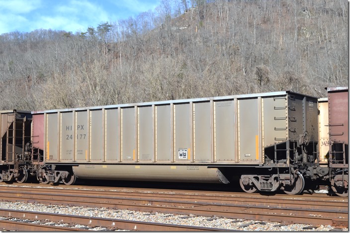 HIPX gon 24177 was built by Freight Car America at Danville IL 12-1977. It has 244,100 load limit and 4480 volume. Both of these tubs were at Shelby KY on 02-02-2020.