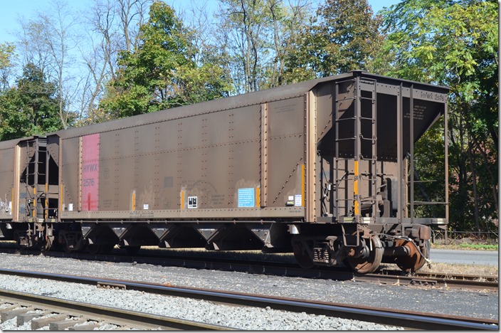 HYWX hopper 2576 is Georgia Power. It was built by Johnstown-America 02-2000 with 236,400 load limit and a volume of 4,400 cubic feet. Reading & Northern has acquired or leased these to haul anthracite coal. They were parked at Tamaqua PA on 10-14-2019. They used to be common on NS but not seen on CSX.