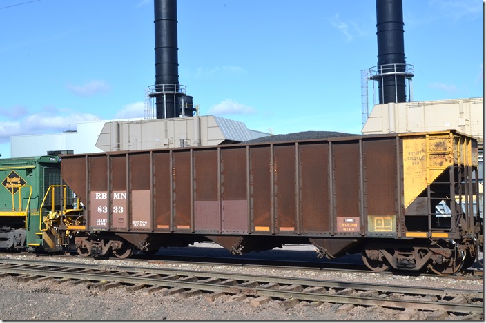 RBMN hopper 8333 just came into West Hazleton on the Jeddo Job. 3418 cu. ft. and 205,700 load limit. It is ex-PA Power & Light 629 and built by Bethlehem (06-1971). These car were bare metal for the most part which is of a low-alloy, high strength composition. This type of steel oxidizes in a unique manner in which rust forms that retards further corrosion. AEP had similar unpainted hoppers. W Hazleton PA.