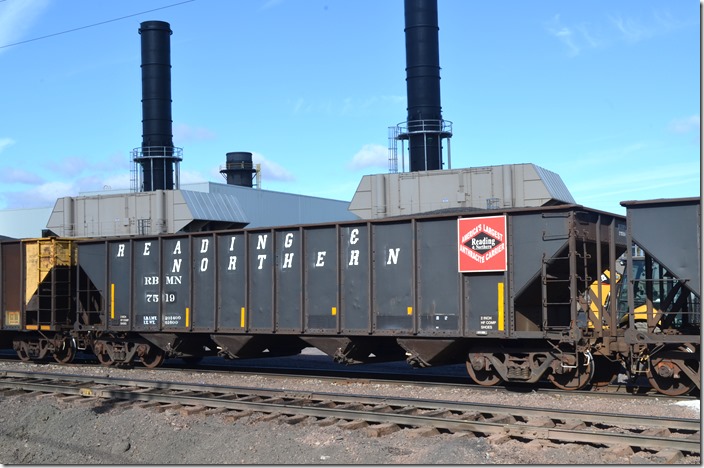 RBMN hopper 7519 is a quad hopper. It is ex-GCCX (General American Marks – GATX) 19396, nee-D&RGW same number. West Hazleton PA. 10-15-2019.