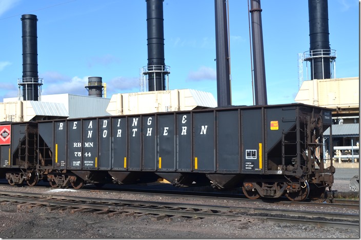 RBMN hopper 7544. 200,200 lbs. built 12-1977. It is also ex-GCCX, nee-D&RGW 19499. That “Ease Up” stencil must have been applied while used on CSX. CSX put it on tubs that had a light load device which determined the braking pressure on empty cars. W Hazleton PA.