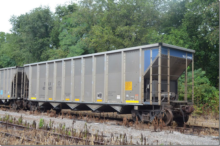 TILX hopper 421423 stored in NS at Mt. Carmel IL. Built by Trinity 2008.