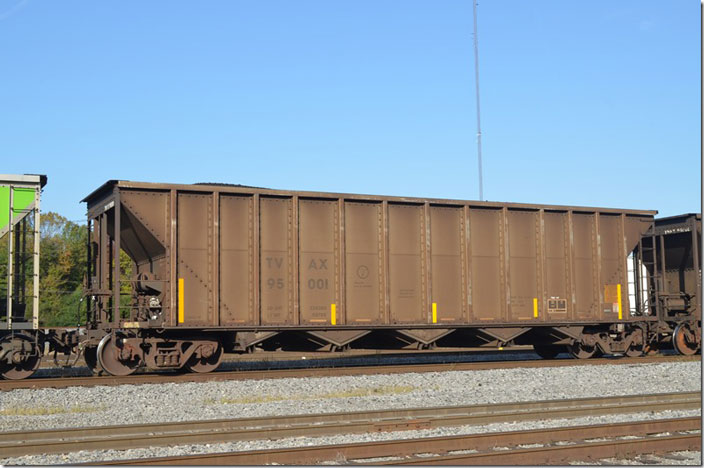 TVAX hopper 95001 (Tennessee Valley Authority) built by Thrall 09-1995. In Paducah & Louisville yard at Paducah KY on 10-23-2020.