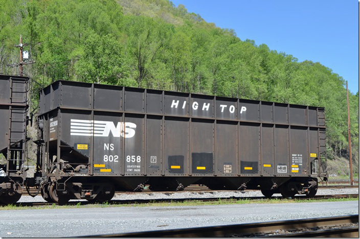 NS “High Top” coke hopper 802858 is class H63AR. It has a load limit of 217,800 lbs. and a volume of 5,465 cu ft due to the extended sides. It was built 07-1978. Weller VA. 04-23-2023.