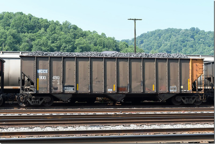 NS shuttles a train of Vansant coke over to Williamson every few days. Most of this goes to northern Indiana also. WCCX is Rail Connection LLC. It was previously JTSX, Consolidation Coal and originally Westmoreland Coal. The car has a load limit of 225,200, a volume of 4,000 cu ft and was built 08-1977. WCCX 900490. Williamson WV.