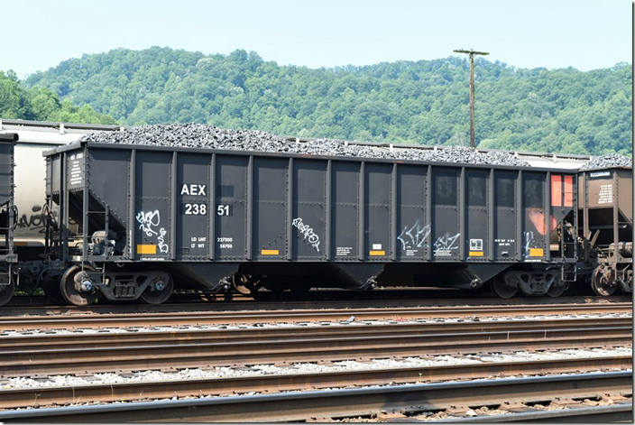 Also at Williamson on 06-08-2023 was AEX 23851. AEX used to be The Andersons, a big grain supplier, but now this reporting mark is listed as American Industrial Transport Inc. The “GATX” has been painted over. This car has 227,300, 3,771 cu ft and was built by FCA at Johnstown in 07-2007. Williamson WV.