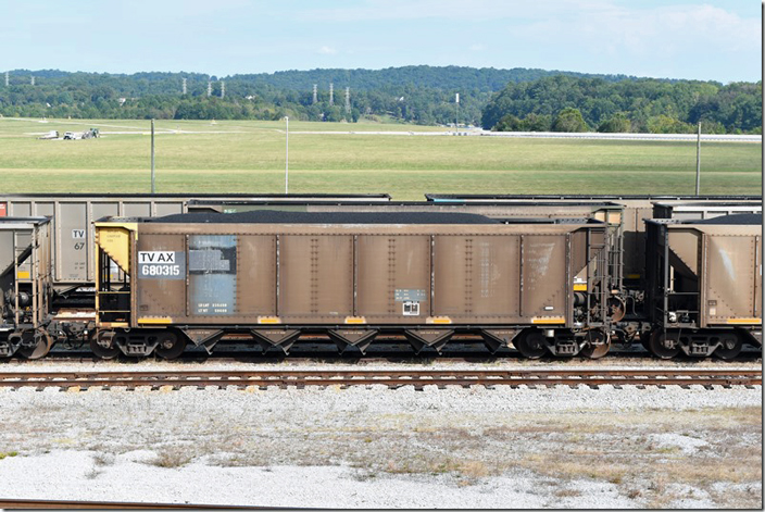 TVAX 680315 hopper has 235,400, 4,300 cu ft and was built by Johnstown America (fka Bethlehem Steel). It’s full of PRB coal at TVA’s power plant at Kingston TN. In a few years this plant will be history also. 09-14-2023.