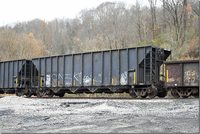 TRLX is Infinity Transportation 2020. According to Eric Neubauer (my go-to now on rolling stock matters) these strange hoppers were built by Richmond Tank Car Co. in 1978-79. Originally SSIX (SSI Rail Corp.) 5001-5082, they have gone through a number of owners/lessors including Celtran Inc, Midwest Energy Services, Unitrain Inc., Mitsui Rail Capital, and Midland Manufacturing Corp. before TRLX. TRLX 78182. Ivel KY.