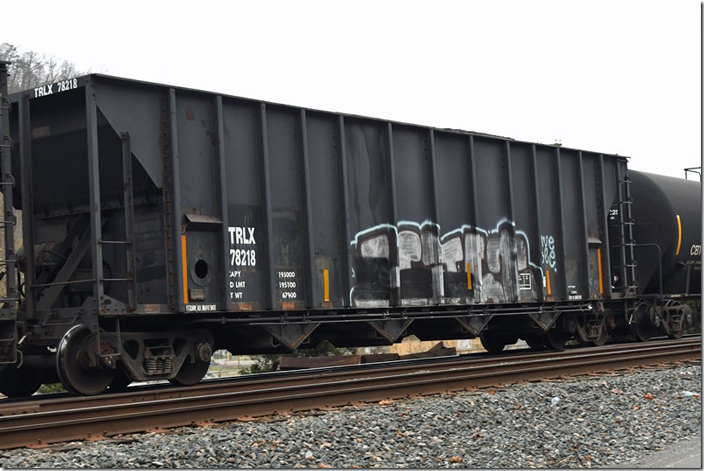 TRLX 78218 hopper has a load limit of 195,000 and was built 03-1979. Passing Beaver Junction KY empty on the an eastbound freight train. Richmond Tank Car was headquartered in the Houston TX area. I didn’t find anything in the two Car Builder’s Cyclopedias that I have (1961 and 1974). A subsidiary, Richmond Leasing Co., filed for Chapter 11 in 1987.