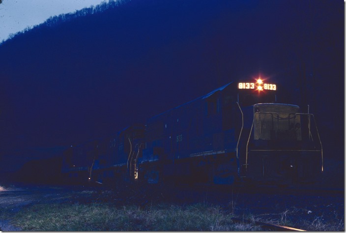 C&O 8133, view 2. Dusk. Big Coal, Cabin Creek SD.