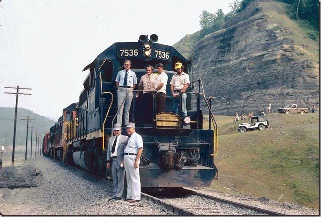 Pikeville Mayor and Pike County Judge Executive (on ground). C&O Road Foreman of Engines (in tie and blue shirt) on engine with crew. C&O Big Sandy SD.