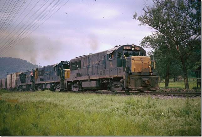 C&O 8105-8104-8114 on w/b #97 at Boldman. 05-1974. Big Sandy SD.