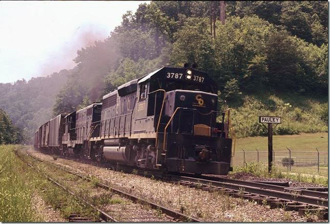 C&O 3787 on w/b #97 at the east end of Pauley. 06-1973. Big Sandy SD.