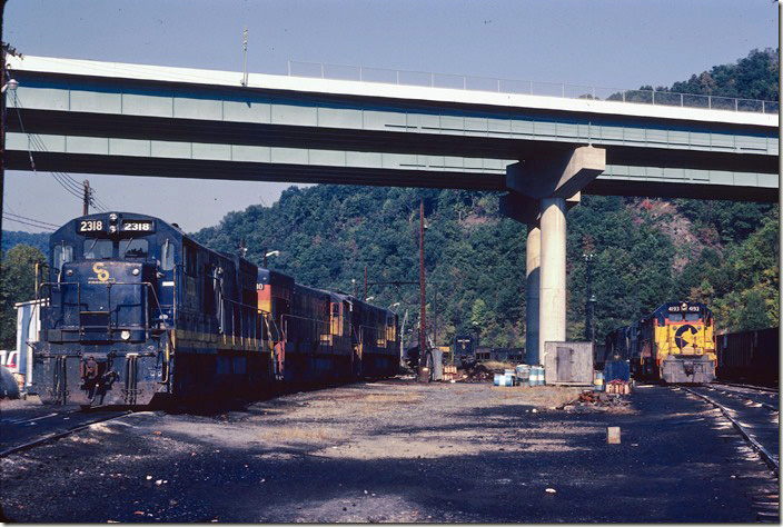 Plenty of power at Danville engine terminal. 2318-8230-3301 on the left. 10-09-1980. Coal River, Pond Fork SD.