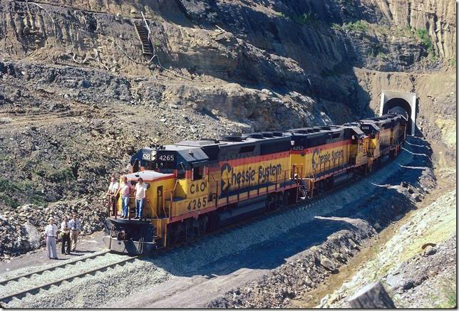 C&O 4265 et al on first coal train off newly completed Coal Run SD at west end of tunnel at head of Stone Coal Creek. 07-02-1979. Coal Run SD.