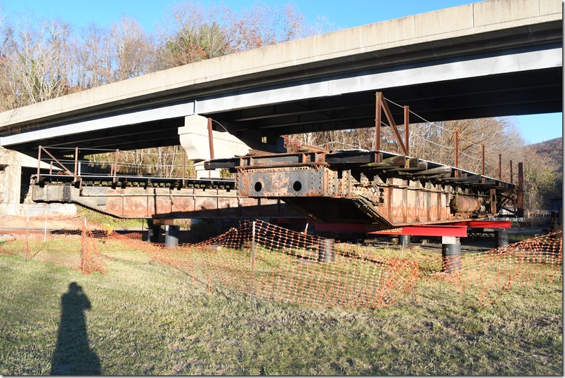 Both pieces of the 115-foot twin span electric turntable that came from the Clifton Forge round house. C&O Ry Heritage Center turntable.