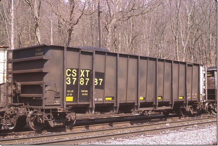 CSX hopper 378787 Rainelle WV. 03-30-2012. 206,300 load limit, 4000 cu ft, blt 12-1981. Ex GSNX 323.