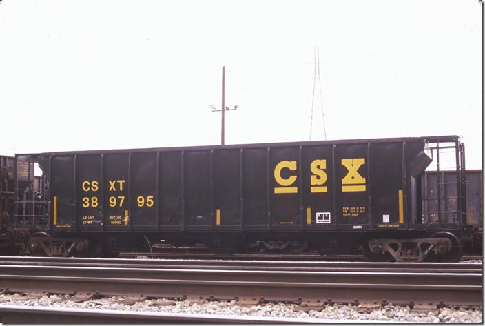 CSX hopper 389795, ex-224608. Ashland KY. 03-02-2008. Blt 03-1967, 207,100 capy, 2929 cu ft. Rebuilt from covered hopper for ore service to AK Steel. Hopper gates are sealed shut.