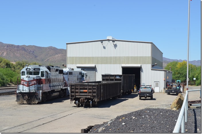 CBRY GP39-2 403 (ex-KCC 3) and GP9 208 (ex-BN, nee-CB&Q) at Hayden Jct. AZ shop. 