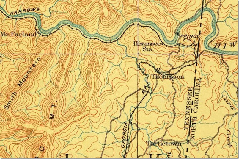 USGS Murphy NC quad, 1:125,000 scale, 1893 showing the constraining switchbacks on predecessor Marietta & North Georgia Railroad. Murphy, TN-NC, 1:125,000 quad, 1893, USGS.
