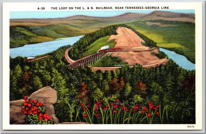 This portion of the old L&N Atlanta Division was nicknamed the “Hook and Eye” division. The famed Hiwassee Loop formed the “Eye.” For more information see Louisville & Nashville’s Atlanta Division by Michael George. Mr. George gave an excellent presentation on Shay operations in Eastern Tennessee at the Convention. Postcard.