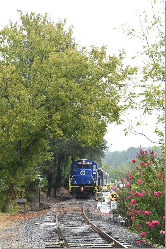 The Blue Ridge Scenic Ry. operates on the southern end of the old “Hook & Eye” on tracks of the Georgia Northeastern Ry. TVR No. 7529 is departing south with their train. Copperhill TN.