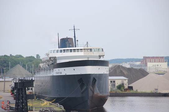 Spartan sits pier side at Ludington.