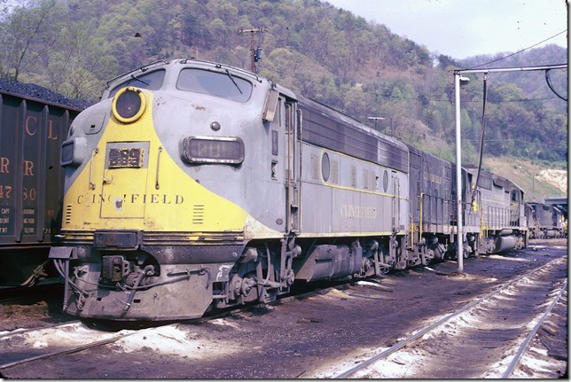 CRR 805-900-3007 await their next call. 805 was originally a F-7, but after being wrecked it was rebuilt as a F-9. Notice the “F9” plate beside the cab door. 04-21-1974.