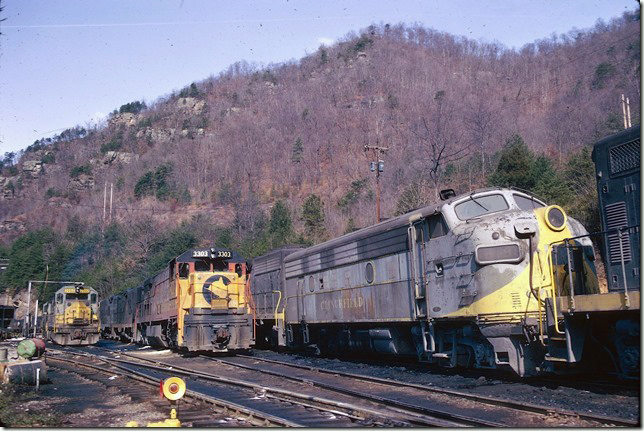 CRR GP7 914, C&O U30C 3303 and CRR GP38 2002 on 03-09-1975. View 2.