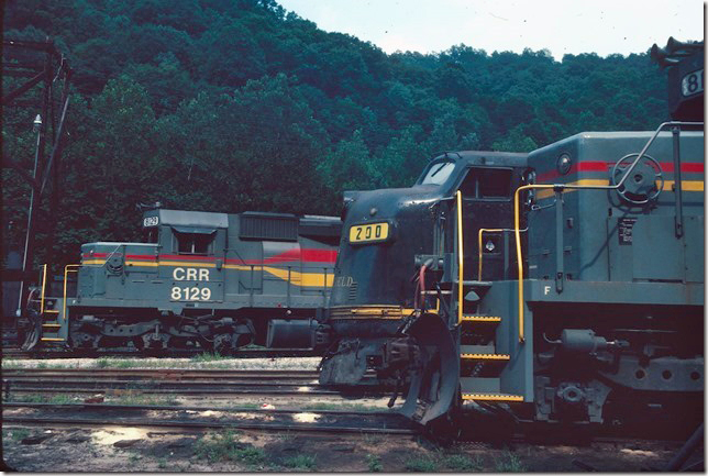 CRR SD40-2 829 with 200 and sister 8128 at Dante shop. 08-08-1981.