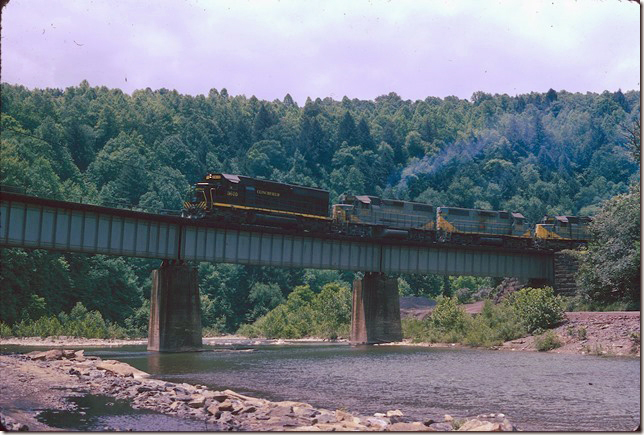 CRR 3610-2007-2003-3014 crosses Hills Mill trestle at Splash Dam VA on s/b #94. 05-27-1974.