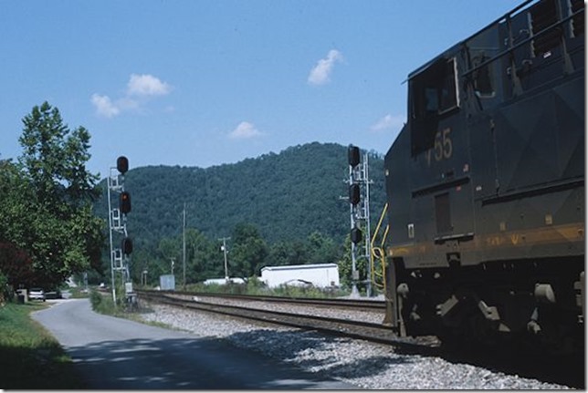 C882-25 pulled west on the No. 2 to EM Cabin (west end of double track), cut off from his train, returned to Beaver Jct. where he crossed from the #1 (main) to #2. Now he looks at a restricting signal on #2 to couple to the rear of his train to go east on the Big Sandy Extension to Martin. 