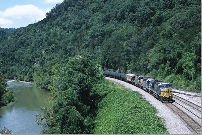 CSX 5492-HLCX 8156-7577 knuckle down on the steep grade at Elkhorn City with 107-car southbound ethanol train K459-09. 8-11-12.