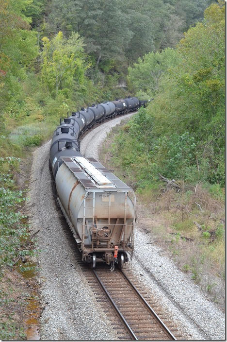 End buffer car on K446-11 at Prestonsburg. CP 8603-9677. View 3. Prestonsburg KY. 