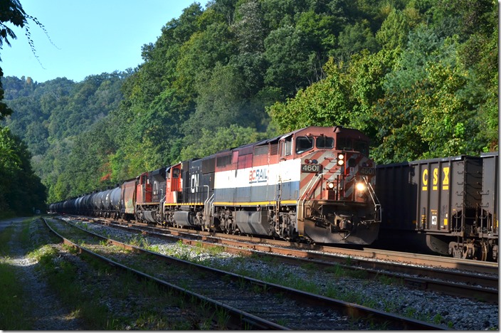 British Columbia Rail 4601-CN 5648-8002 on w/b ethanol train K428-15 at Ivel KY. 08-16-2019.