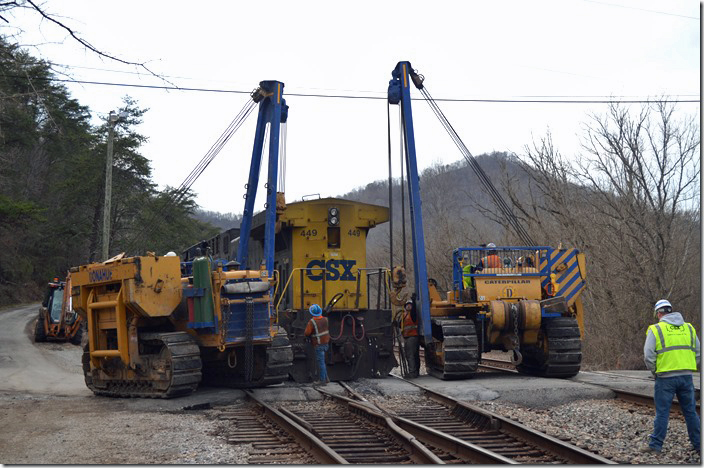 Those Cat side-booms make short work of re-railing the CSX 449. Shelby KY.