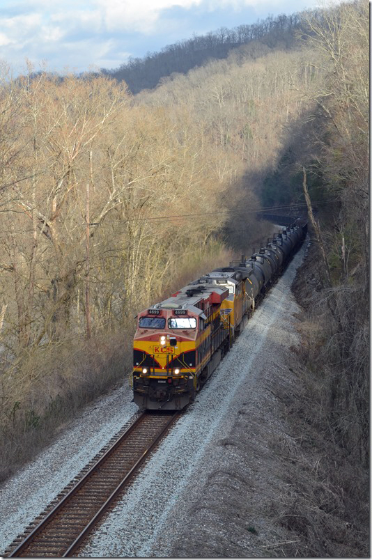 K466-07 (Winston-Salem NC to Proviso Yard IL) at Prestonsburg KY. CSX Prestonsburg KY. KCS 4699-UP 6275. View 3.