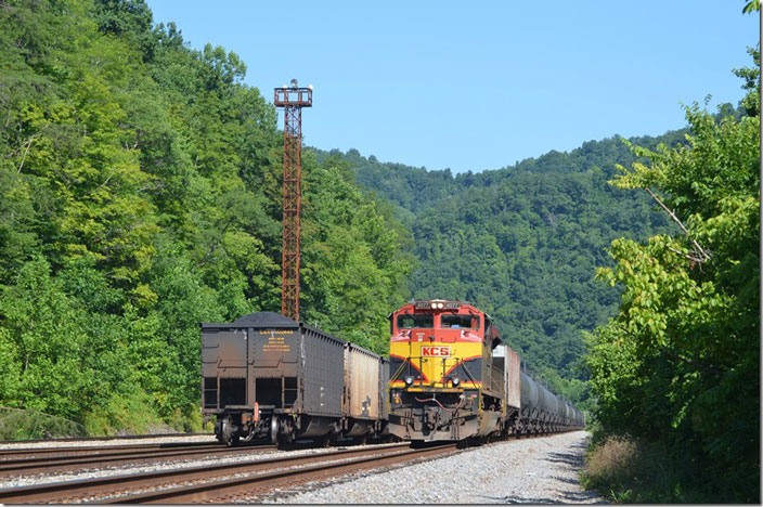 KCS 4077 DPU parked on the main line. Shelby.